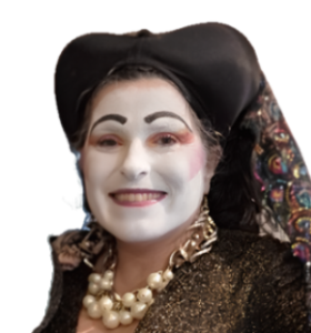 Headshot of Sister Tia Cliterati in a black veil and white drag nun face
